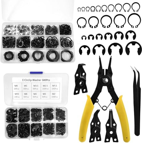 LEONTOOL 1036 PCS C-Clip Externe Sicherungsringe Sprengringe Sortiment Kit Legierter Stahl (M3-M25) + E-Clip Sicherungsscheibe Set (M1.5-M10) + 4-in-1 austauschbare Sprengringzange + Pinzette