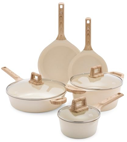 GreenLife Arte 8-teiliges Keramik-Antihaft-Kochgeschirrset, Induktionsgeeignet, PFAS-freie Töpfe und Pfannen, Spülmaschinenfest, Kochset, Suppentopf,Kochtöpfe und Bratpfannen,Küchenzubehör,Granitcreme