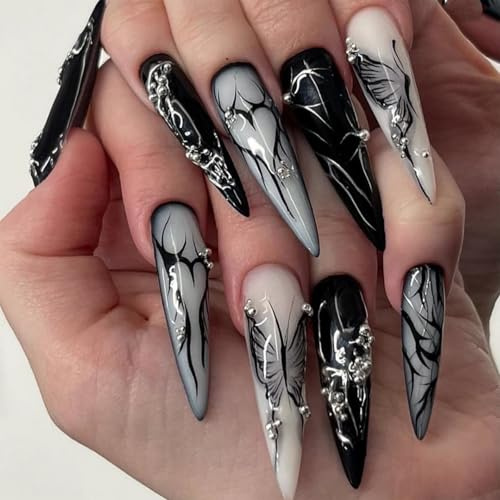 Auroriel 24 Pieces Long Stiletto Press on Nails Gothic Black with Butterfly, Silver Swirl and Pearls, Reusable Acrylic Artificial Stick on Nails for Women