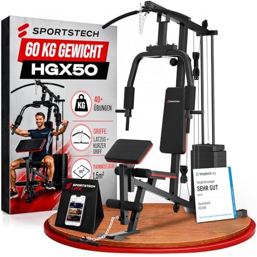 Kraftstation für zuhause, Multifunktion Fitnessstation, Bauchtrainer, Home Gym, 60 kg Gewichte, Butterfly, Beinstrecker, Latzugstange, Bizepscurl, Ganzkörpertraining, Multigym, HGX50