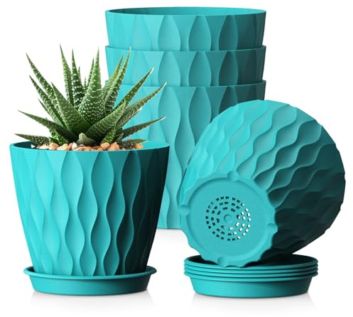 WSMKSZ 15cm Plant Pots Indoor Outdoor, 5 Pack Decorative Flower Pots | Plastic Planters Pots with Saucers & Drainage Holes, 3D Wave Texture, for Peace Lilys, Mint& House Plants, Blue-Green
