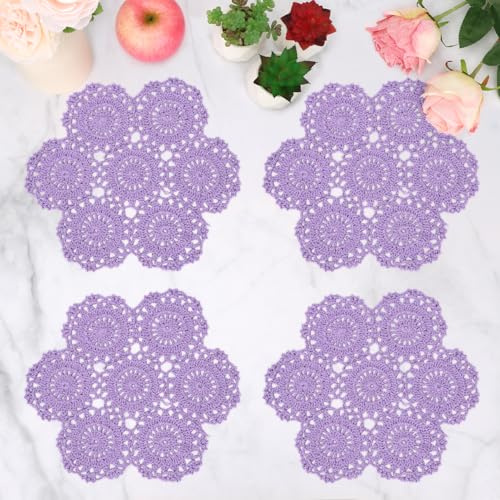 kilofly Crochet Cotton Lace Table Placemats Doilies Pack, 4pc, Blossoms, 10 inch (Purple)