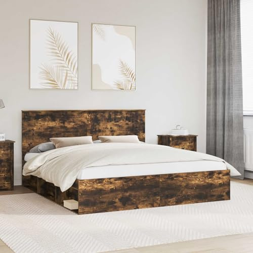 Runheo Bettrahmen Geräucherte Eiche 180x200 cm, Massives Kiefernholz, Modernes Design, Langlebig, Einfache Wartung, Super King Size Bett für Schlafzimmer