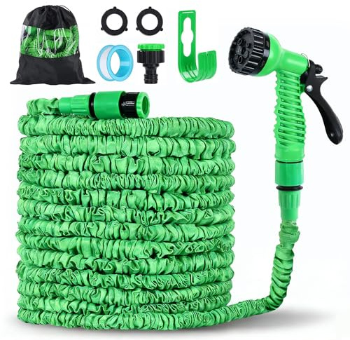 SGZIOO 100ft Expandable Garden Hose, 30m Flexible Hose Pipe with 7 Function Spray Gun, 3/4, 1/2 Fittings, Durable Expandable Hose Pipe, Extendable Hose for Gardening Car Washing, Pet Cleaning