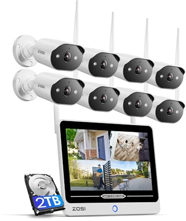 ZOSI 2K Wi-Fi 6 Überwachungskamera Set Aussen mit 12 Monitor-NVR, 2TB | 8x 3MP WLAN-Kameras mit 2-Wege Audio, KI Personen-/Fahrzeugerkennung, Farbnachtsicht, 24/7 Videoüberwachung für Innen & Außen