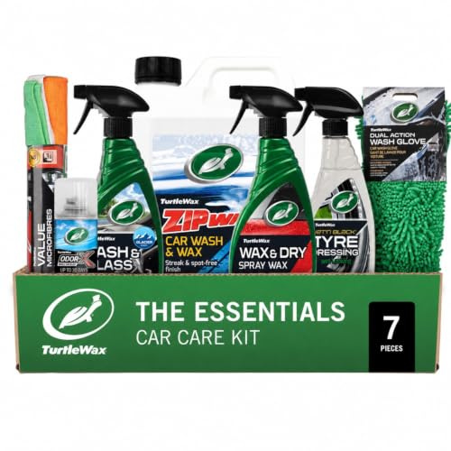 Turtle Wax Essential Car Care Kit Car Wash, Spray Wax, Glass & Interior Cleaner, Tyre Shine, Odour Eliminator, Microfibre Cloths and Wash Glove for Complete Interior & Exterior Detailing