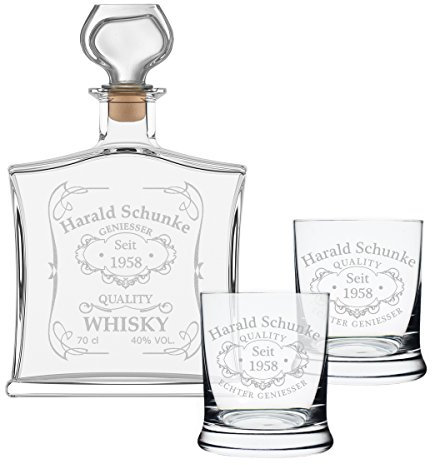 3-TLG Geschenk-Set mit Whiskeyflasche und 2 Whiskygläser - Edle Glas-Karaffe Inhalt: 700ml - Personalisiert mit Gravur Motiv Quality Whisky
