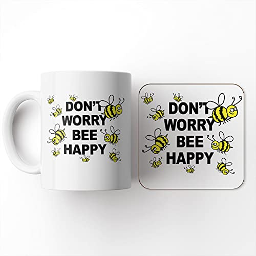 The Victorian Printing Co - Don't Worry Bee Happy - Mug and Coaster Set, Ceramic, 11 fl. oz.