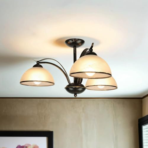 Licht-Erlebnisse Deckenleuchte Glas Metall in Messing Antik Weiß Wohnzimmer Esstisch B:45 cm E27 max. 60 Watt blendarm wohnliche Landhaus Deckenlampe KORFU