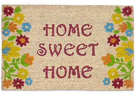 Relaxdays Fußmatte Kokos Spruch HOME SWEET HOME 40 x 60 bunte Kokosmatte mit rutschfester PVC Unterlage Fußabtreter aus Kokosfaser als Schmutzfangmatte und Sauberlaufmatte Blumen Türvorleger, braun