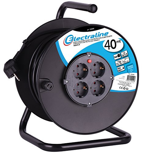 Electraline 600150 Enrollacables 40 M, 4 Tomas Schuko, Cable Sección HO5VVF 3G1.5, Negro