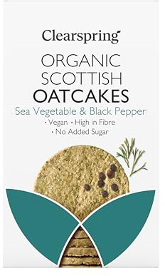 Clearspring Organic Oatcakes Sea Vegetable & Black Pepper | 200g | 84% Wholegrain Oats | High in Fibre | Low Sugar | No Added Sugar | 4 Individually Wrapped Portions | Vegan