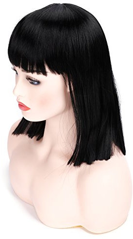 Morvally 35,6 cm kurze gerade Bob Wig Heat Resistant Hair with Flat Bangs Natural Looking Cosplay Costume Daily Wigs (Natural Black)