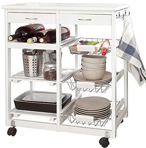 BAKAJI Carrello da Cucina in Legno Trolley Salvaspazio 3 Scomparti 3 Cestelli Struttura Con Ruote Dimensione 67 x 37 x 75 cm Colore Bianco