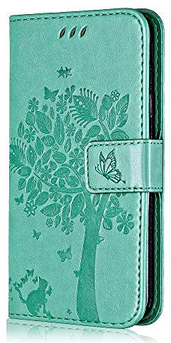 Conber Hülle für Samsung Galaxy A5 2017, PU Leder Tasche Flip Case Lederhülle Handyhülle, Vintage Katze und Baum Schutzhülle für Samsung Galaxy A5 2017 - Minzgrün