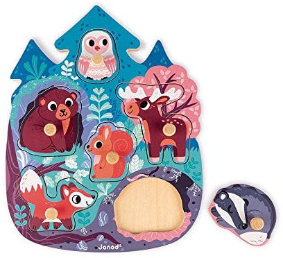 Janod - Happy Forest Puzzle 6 Pieces (Wood) - Develops Fine Motor Skills and Concentration - From 18 Months Old, J07097