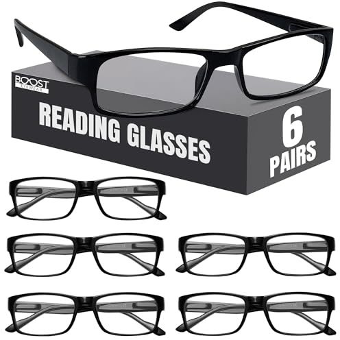 Boost Eyewear 6 Pack Reading Glasses, Traditional Black Frames, for Men and Women, with Comfort Spring Loaded Hinges, Black, 6 Pairs (+1.50)