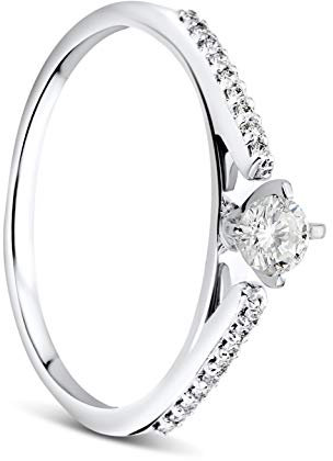 Orovi Damen Ring Weißgold 0.18 Ct Zentraler Solitär Diamant Verlobungsring 9 Karat (375) Gold und übrige Diamanten Brillanten 0.07 Ct
