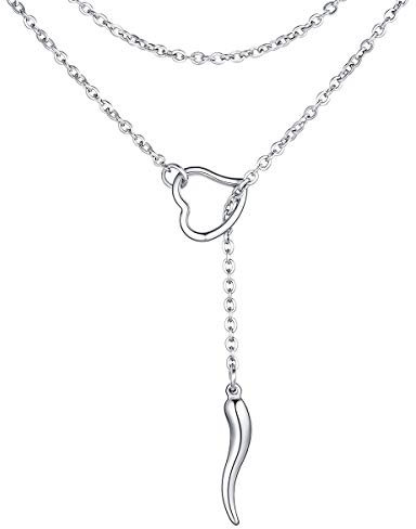 FOCALOOK Damen Collier Edelstahl Lariat Y-Halskette Herz Ring und Italienisches Horn Anhänger mit 80cm lang Rolokette verstellbar trendig Cornicello Kette Frauen Modeschmuck für Party Geburtstag