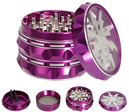 TIRIRS 2.5 4 Pieces Clear Top Herb Grinder - Aluminium Spice Grinder with Pollen Scraper and Cleaning Brush - Purple Body with Silver Lightning on Top