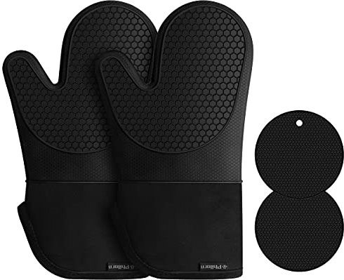 Philorn Silikon Ofenhandschuhe Grillhandschuhe und 2 Topflappen Hitzebeständige Handschuh bis zu 230 ° C Universalgröße Kochhandschuhe Backhandschuhe für BBQ Kochen Backen und Schweißen (Alle Schwarz)