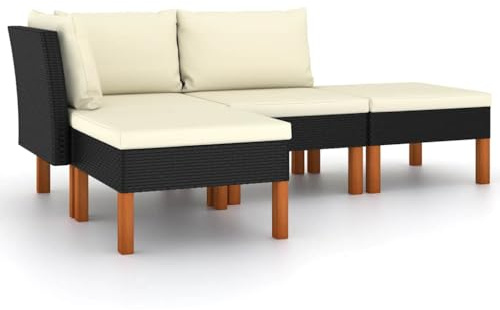 vidaXL Gartenmöbel 4-TLG. mit Kissen Sofa Lounge Sitzgruppe Garten Garnitur Gartenset Ecksofa Mittelsofa Gartensofa Poly Rattan Schwarz