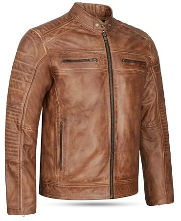 Leatherick Veste de motard en cuir véritable pour homme au look vieilli Marron clair (FR/ES, Alpha/lettres, M, Taille normale, Taille normale)