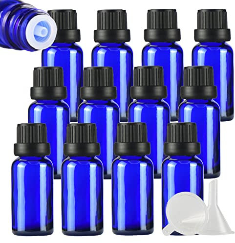 ZEOABSY 24 Pièces Flacon Aromathérapie 20ml en Verre Bleu avec Bouchon Codigoutte Noir, Compte Gouttes Inviolable, Bouteilles en Verre D'huile Essentielle Vides Flacon de Voyage