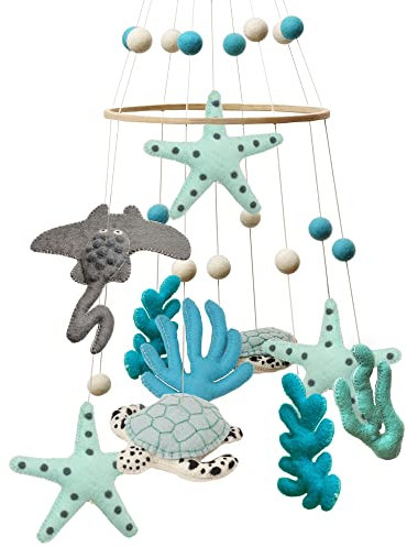 Glaciart One Móvil Oceánico - Decoración para Cuna y Cuartos de Bebé, Hecho a Mano, Madera y Lana Seguras, Tema Oceánico - 10x30, Cuerda de 60.