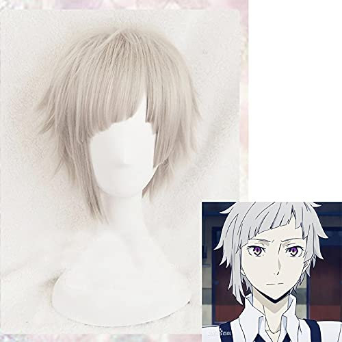 WHBHD Bungou streunende Hunde Cosplay Atsushi Nakajima Perücke Kurze gerades hellgrau hitzebeständige Haare Halloween Anime Rolle Spiel + perücke Kappe