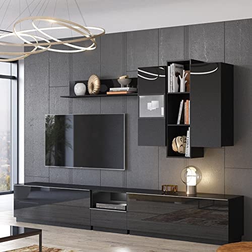 Lomadox Wohnwand modern schwarz mit LED Beleuchtung und Glasfronten, B/H/T: ca. 290/195/48 cm