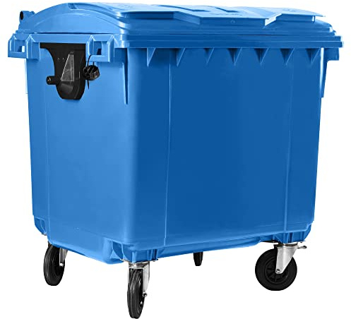 Hardwex Müllcontainer mit 4 Rädern mit Flachdeckel, Müllgroßbehälter, Abfalltonne, Mülltonne, Volumen: 1 100 Liter, Farbe: Blau, Größe: 1 344 x 1 370 x 1 070 mm