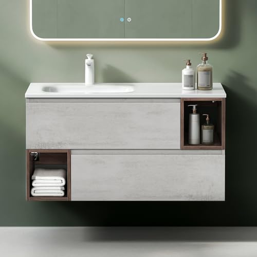 Mai & Mai Waschtisch mit Unterschrank Waschbecken mit Unterschrank | Badmöbelset 100x48x54cm in Beton und Eiche inkl. Waschbecken aus mineralguss Gemini