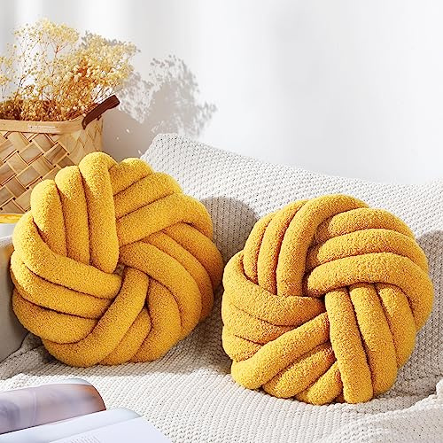 Marsui 2 Pieces Knot Ball Pillows 14 x 14 Inch Decorative Pillow for Couch Bedroom Plush Throw Knot Pillow Soft Handmade Chair Cushion for Living Room Car Decorations (Ginger)