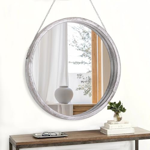 JJUUYOU Runder Wandspiegel, 40 cm, zum Aufhängen, runder weißer Spiegel für das Badezimmer, Holzrahmenspiegel für Schlafzimmer, Wohnzimmer oder Eingangsbereich, Wanddekoration