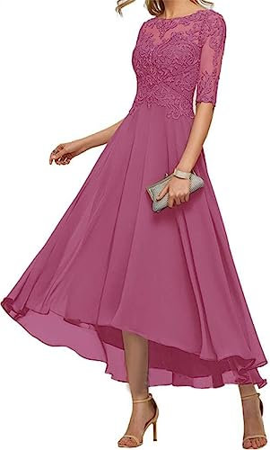 Vestido de encaje para madre de la novia, mangas 3/4, longitud del té, gasa, formal, boda, fiesta, graduación, vestidos para mujer, fucsia, 56