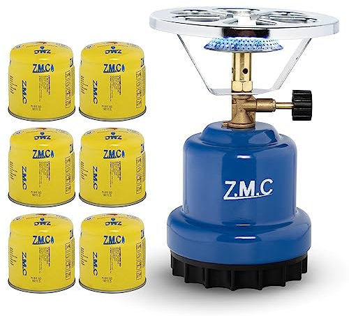 Z.M.C Réchaud de camping 2 en 1 + 6 cartouches de gaz 190 g, réchaud à gaz portable pour camping 1110 W, allume-charbon extérieur, réchaud à cartouche pour cartouche perçable