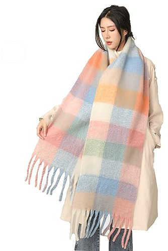Damen Schal, Kariert übergroßer Winter SchaltuchKaro Schultertuch Plaid Deckenschal Modeschal Weich Warm Strickschal Oversized Herbstschal Warme Winter Stola mehrfarbig,Regenbogengitter A