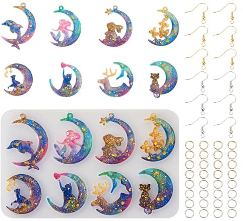 PH PandaHall PandaHall - Stampo in silicone con ciondolo a forma di animale con luna, con ganci per orecchini, anelli aperti per colata in resina epossidica, creazione di gioielli artigianali