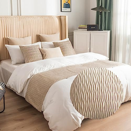 Bettläufer und Kissen Bezug, Reversibel Bettschal für den Fuß des Bettes Luxus Weicher Bettlaufer Schlafzimmer für Hotel Gästehaus Schlafzimme,Beige,45x180cm(Jacquard-Bettläufer)