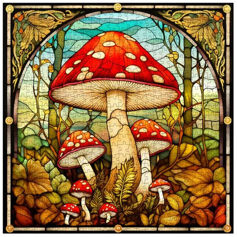 Vintage Mushroom Puzzles for Adults 1000 Pieces, Stained Glass Nature Plant Puzzles Impossible Art Puzzle, Hard Challenging Retro Forest Fungi Jigsaw Puzzle as Home Wall Art Decor