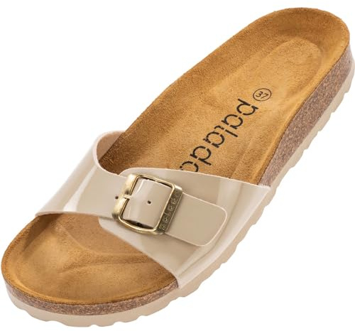 Palado Pantoletten Damen Malta Lack – gefertigt in Spanien – Glänzendes Obermaterial – EVA-Sohle – Veloursleder-Decksohle – Weichfußbett Beige UK10 - EU44