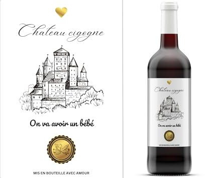 LOT de 5 Etiquettes Autocollantes Bouteille de Vin Personnalisée - Annonce de Grossesse Originale BéBé en Route, Enceinte | Annonce Naissance Papa Maman Grand Parents (CHATEAU CIGOGNE)