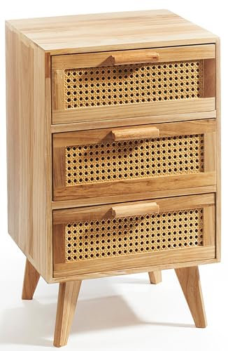 Kobolo Kommode Regal Nachttisch aus Holz mit Wiener Geflecht - 3 Schubladen - B-Ware
