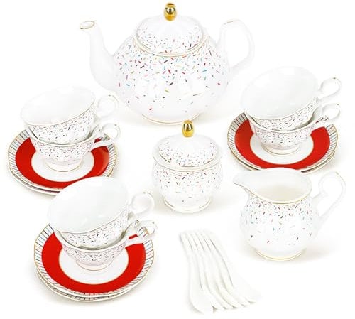 fanquare 21 Pieces Colorful Candy British Afternoon Tea Set, Modern Porcelain Teapot Set, Vintage Bone China Coffee Cup and Saucer Set, Adults Tea Service for 6