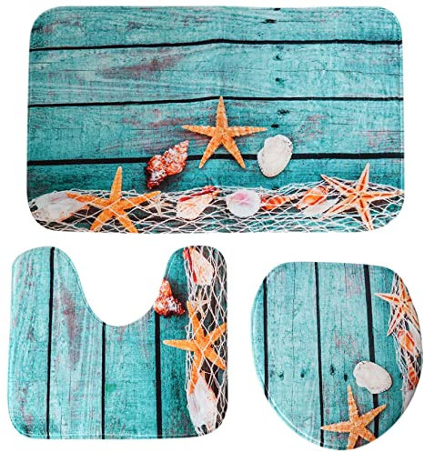 Giilayky Beach Seashells Starfish Sand Bath Mat Holidays Summer Bathroom Carpet Rug Non-Slip 3 Piece Toilet Mat Set Starfish Floor