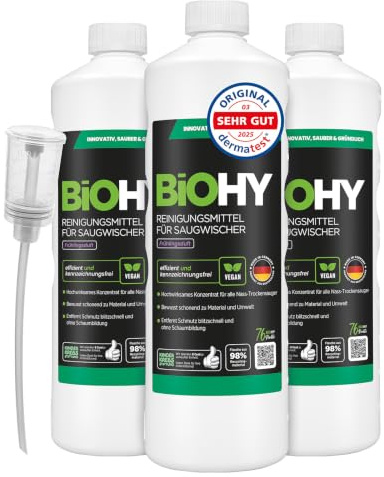 BiOHY Detergente per scopa aspirante con fresco profumo di primavera (3 bottiglie da 1l) + Distributore | Concentrato 1:200 per tutti gli aspirapolvere | ideale per piastrelle, PVC, parquet,