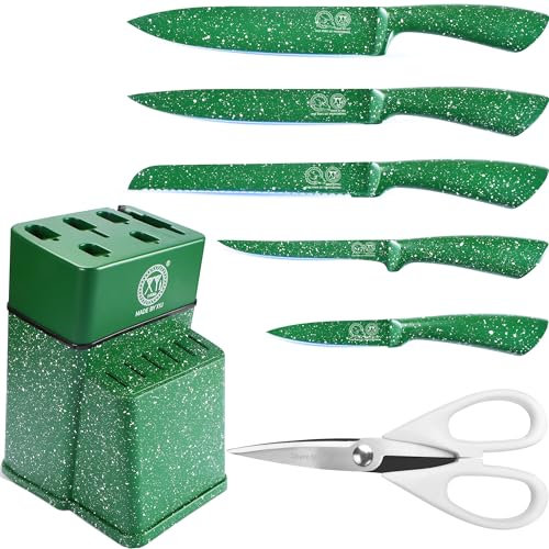 XYJ Authentic Since 1986, set de couteaux de chef professionnels avec support de couteau, couteau en acier inoxydable de couleur verte, couteau à trancher les aliments