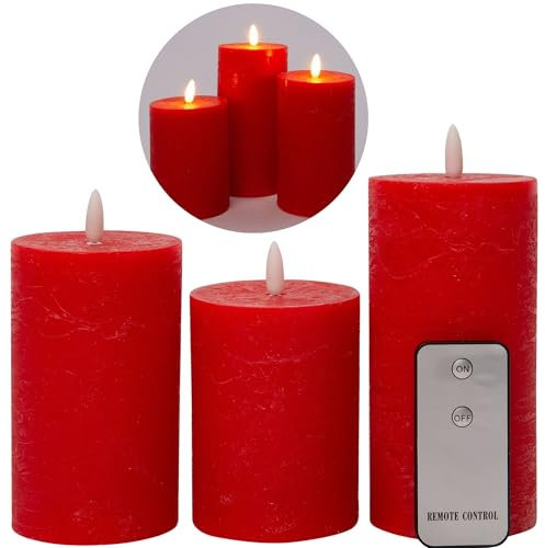 3er Set Led Kerzen 7,5cm ø Kerze flackernde Flamme mit Fernbedingung ROT 15 cm + 12,5 cm + 10 cm Höhe, LED Kerzen mit Timerfunktion, 3 AAA Batterien nötig, LED Echtwachs Stumpenkerzen warmweiß