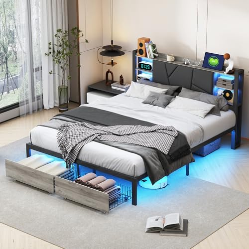 Bettgestell 140 x 200 mit Lattenrost aus Metall, Metallbett Doppelbett mit LED-Beleuchtung, Kopfteil & Ladefunktion, Bettrahmen mit 2 Schubladen, Stauraumbett Jugendbett Industriell, Ohne Matratze